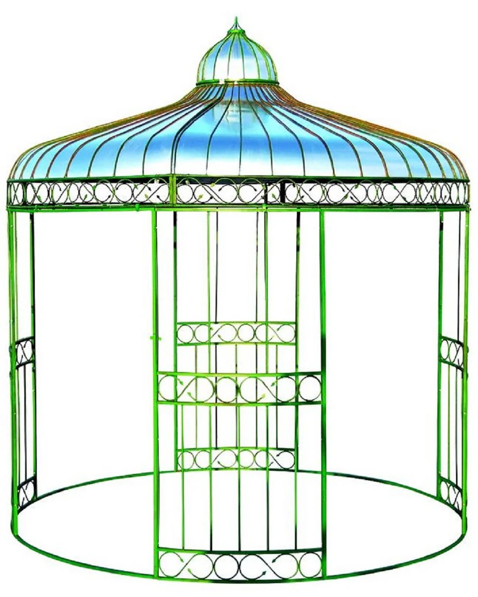 Casa Padrino pabellón de jardín Art Nouveau verde / plata Ø 320 x A. 350 cm - Pabellón redondo de hierro forjado con techo de chapa galvanizada - Accesorios de decoración de jardín y terraza