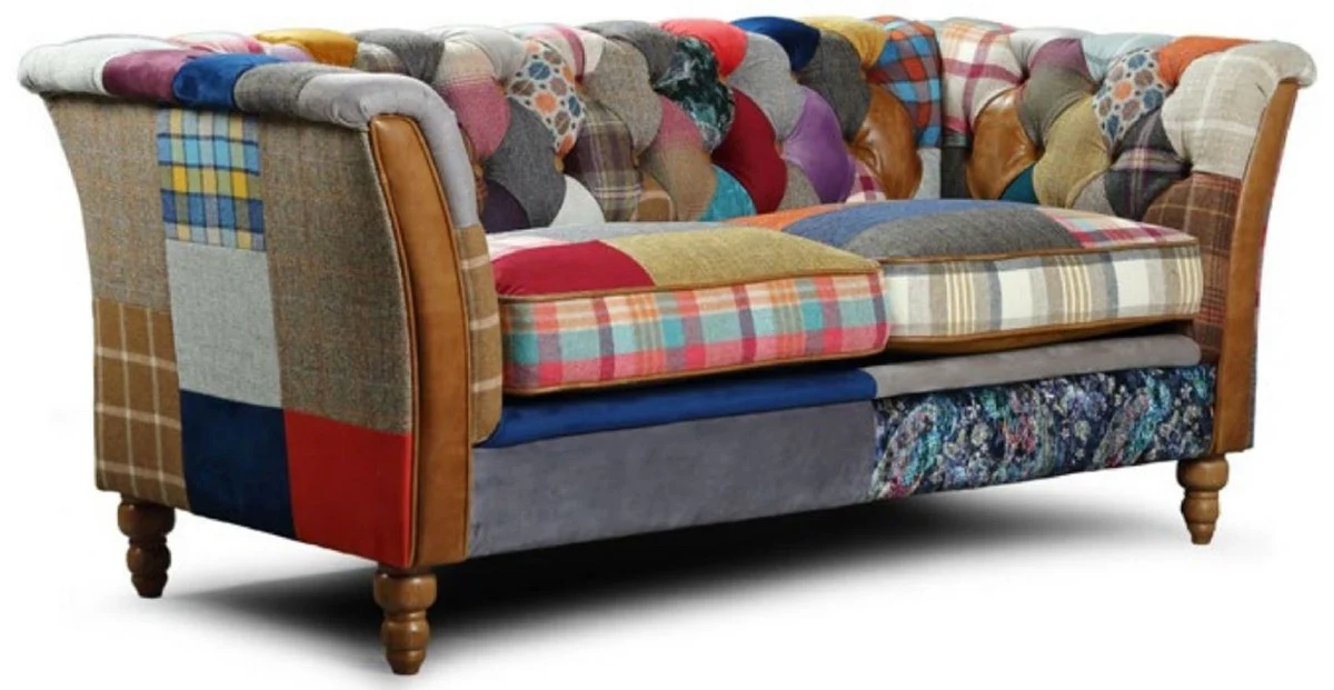 Casa Padrino sof¨¢ de 2 plazas Chesterfield de lujo multicolor / gris / marr¨®n 186 x 87 x A. 77 cm - Sof¨¢ de sal¨®n con cuero aut¨¦ntico - Muebles de Sal¨®n Chesterfield