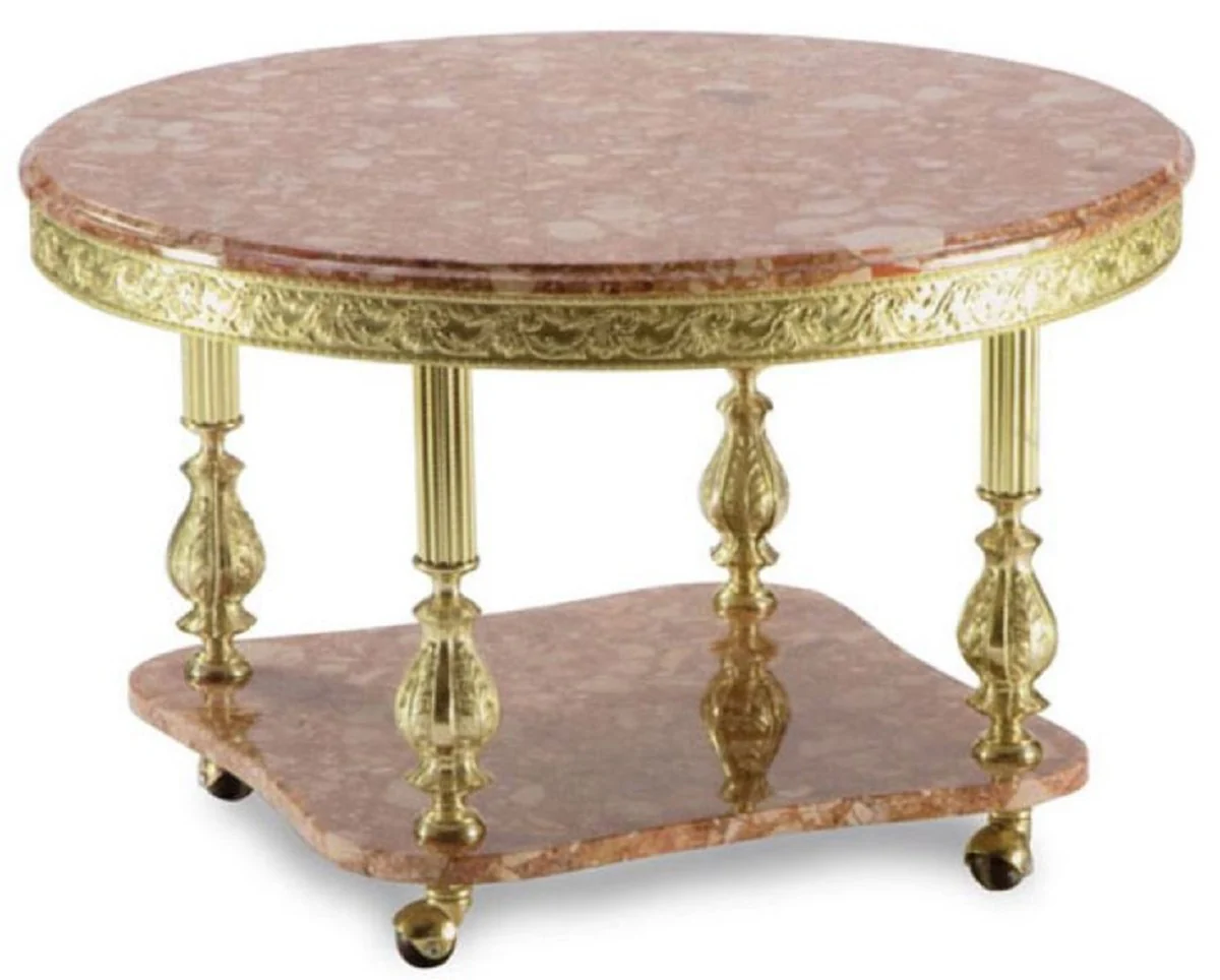 Casa Padrino mesa de centro barroco de lujo marr¨®n rosa / oro ? 80 x A. 43 cm - Mesa de sal¨®n redonda de lat¨®n con tapa de m¨¢rmol y ruedas - Muebles de sal¨®n barrocos
