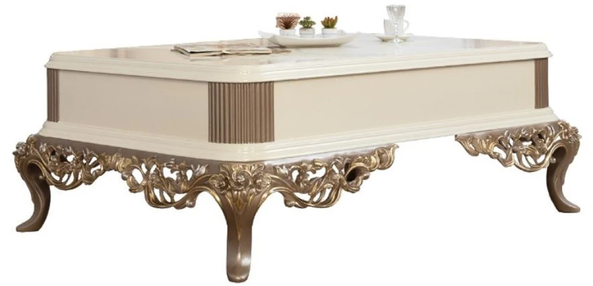 Casa Padrino conjunto de sala de estar barroco de lujo marr¨®n / blanco / oro - 2 Sof¨¢s y 2 Sillones y 1 Mesa de Centro - Muebles de Sal¨®n Barrocos Adornados