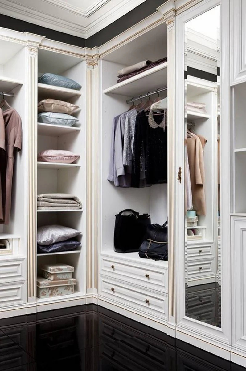 Casa Padrino guardarropa barroco de lujo blanco / oro - Vestidor abierto de madera maciza - Armario de pared de dormitorio noble - Muebles de Hotel - Muebles de Dormitorio - Calidad de Lujo