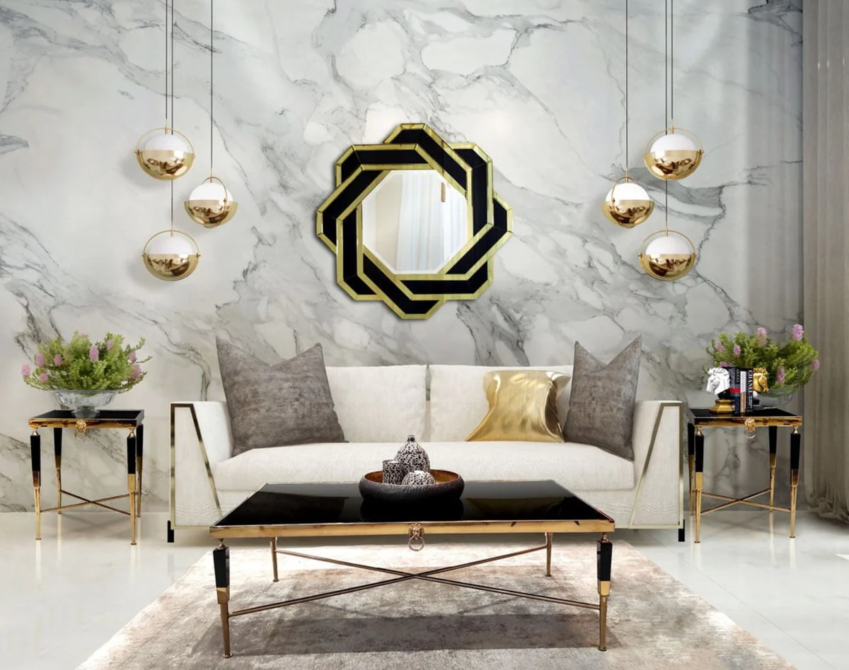 Casa Padrino mesa de centro de lujo negro / oro 130 x 70 x A. 45 cm - Mesa de sal¨®n con tablero de m¨¢rmol artificial - Muebles de sal¨®n de lujo - Muebles de hotel - Interior de lujo