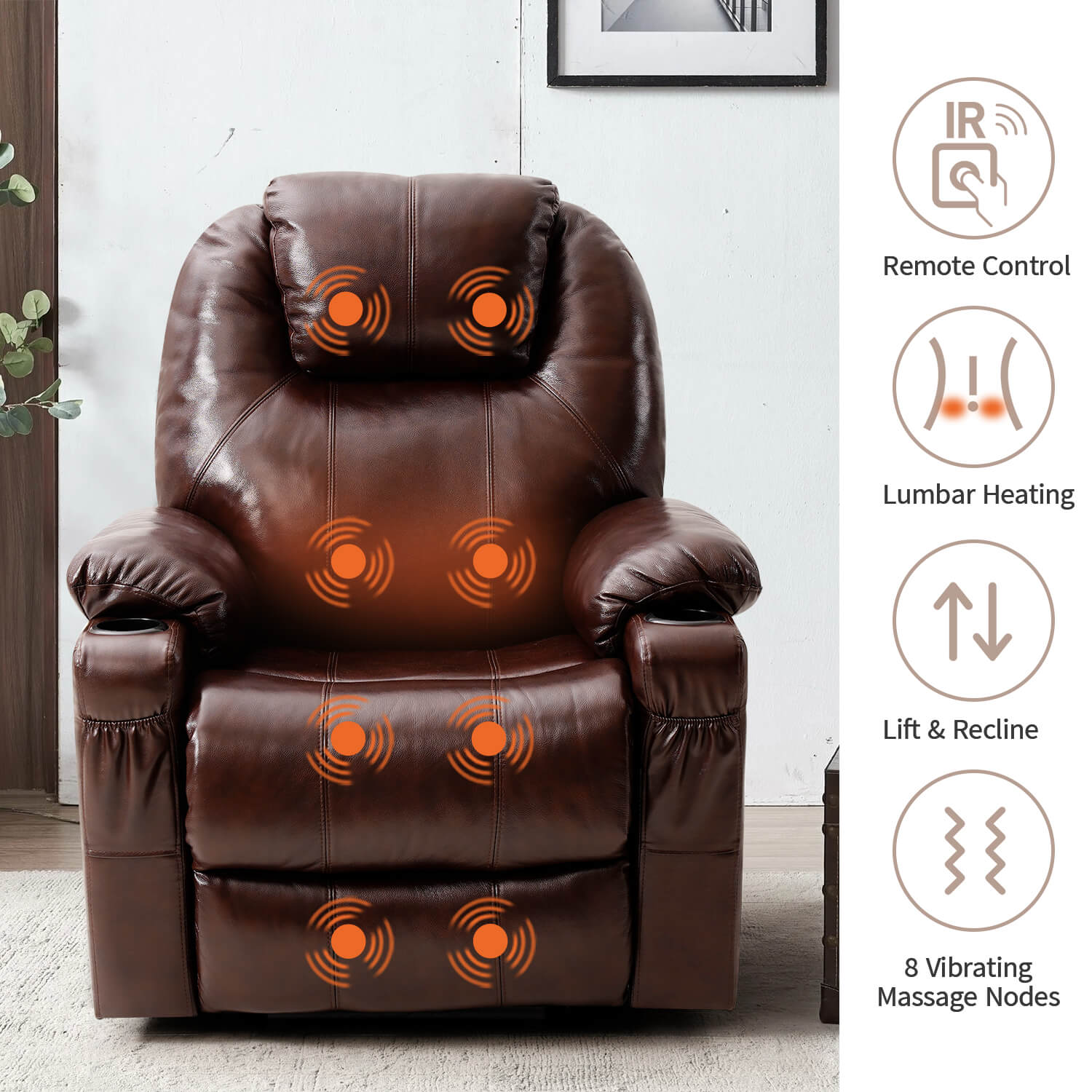 3-Position Power Lift Chair with Heal and Massage Real Leather