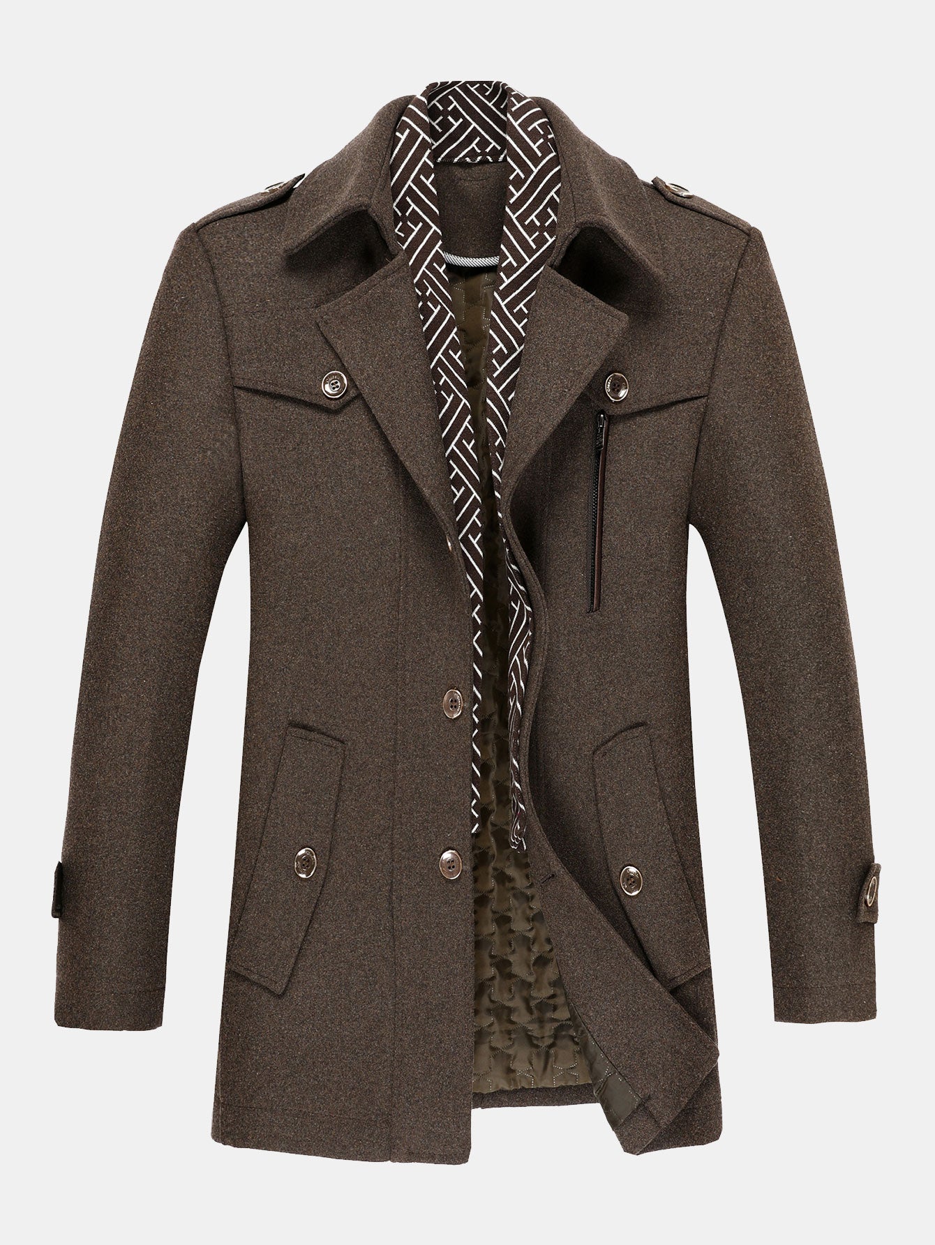 Quilted Lined Double Layer Detachable Scarf Neck Woolen Coat