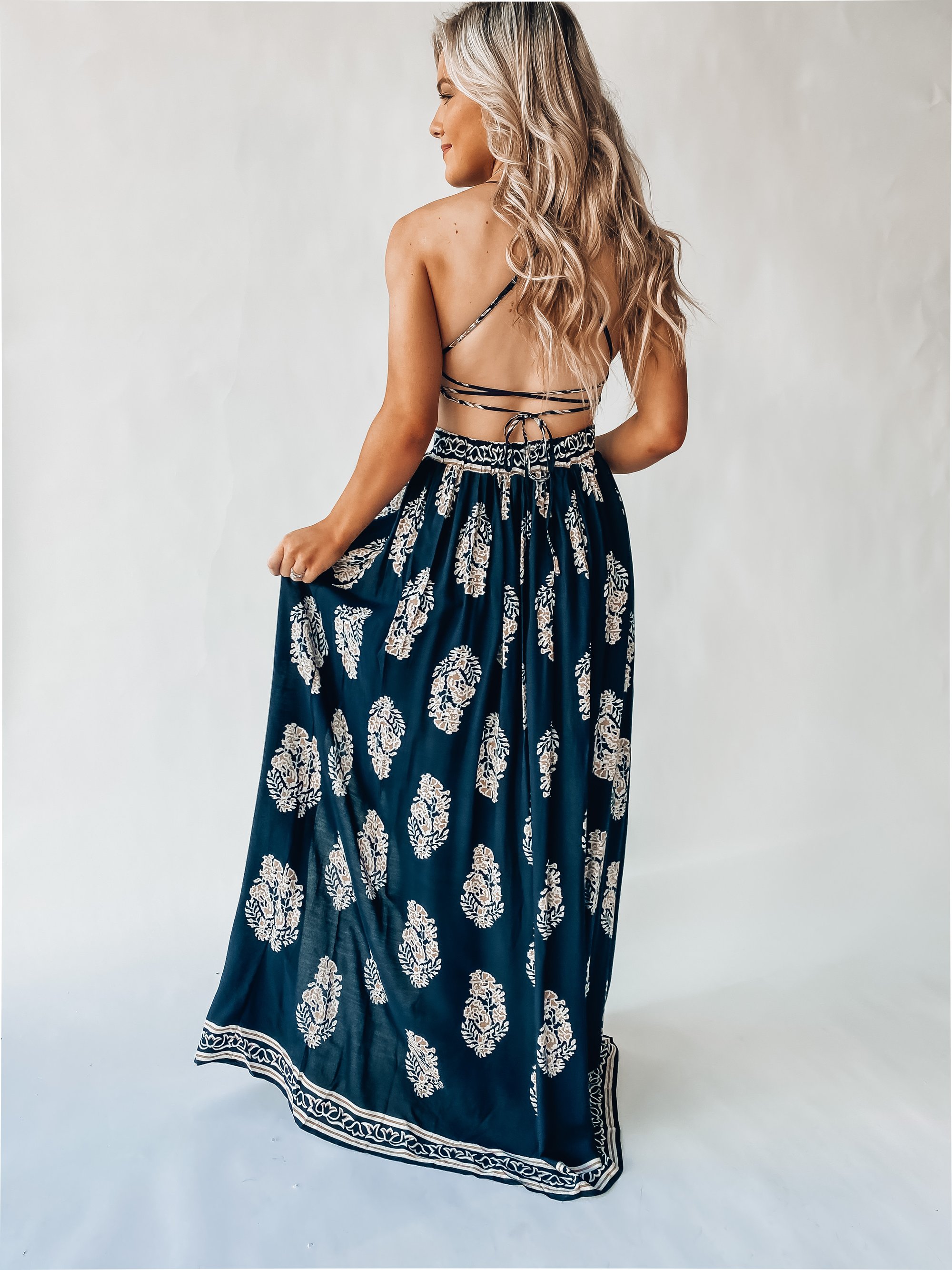 Women's Backless Sexy Slit Print Dress