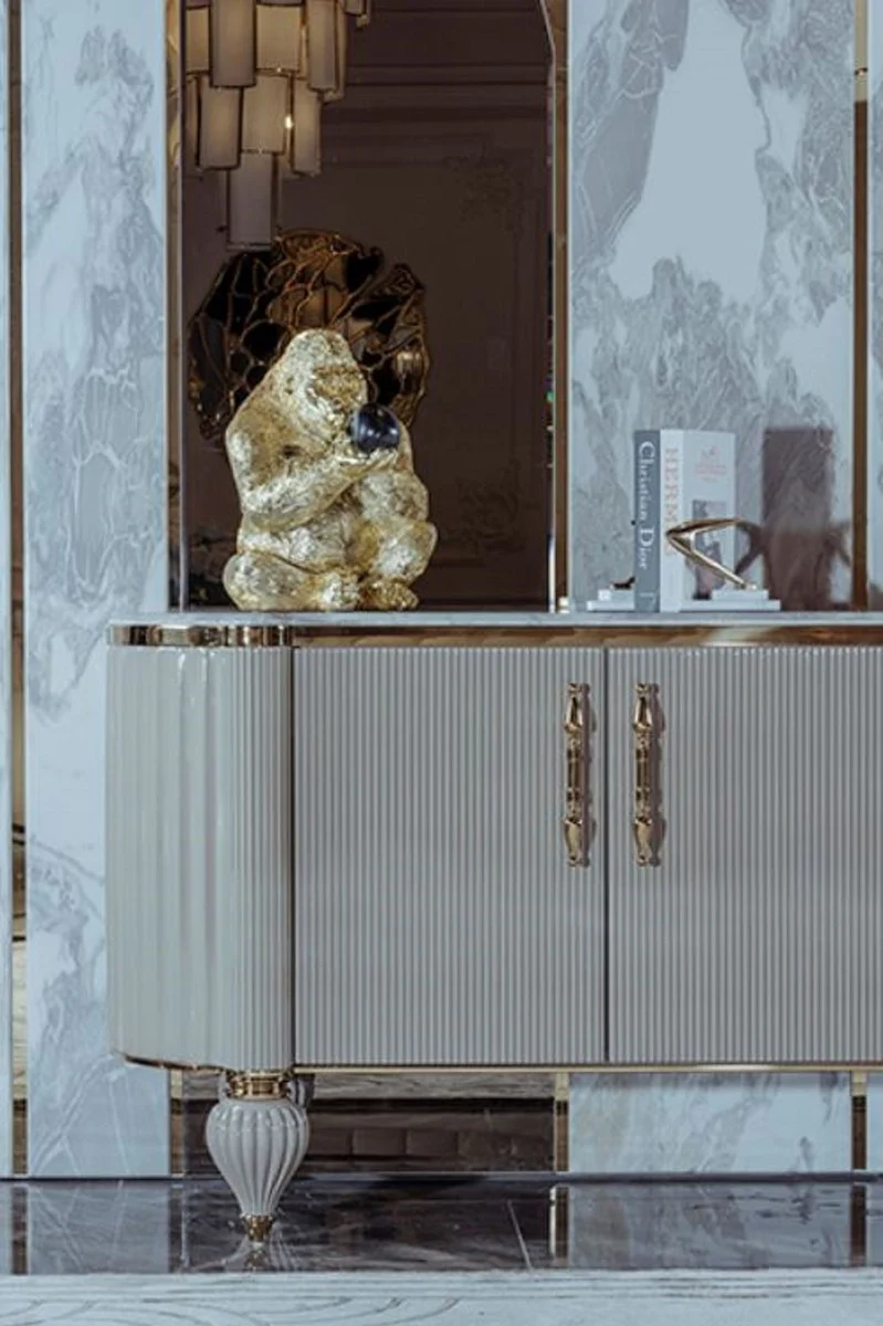 Casa Padrino aparador Art Deco de lujo gris / blanco / oro 235 x 54 x A. 90 cm - Gabinete noble de madera maciza con 4 puertas y tapa de mármol artificial - Muebles Art Deco - Calidad de Lujo