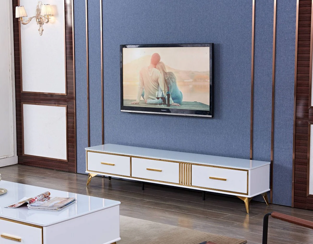 Casa Padrino armario de TV de lujo blanco / oro 200 x 40 x H. 41 cm - Aparador de sal¨®n moderno con 3 cajones - Mueble TV de sal¨®n moderno