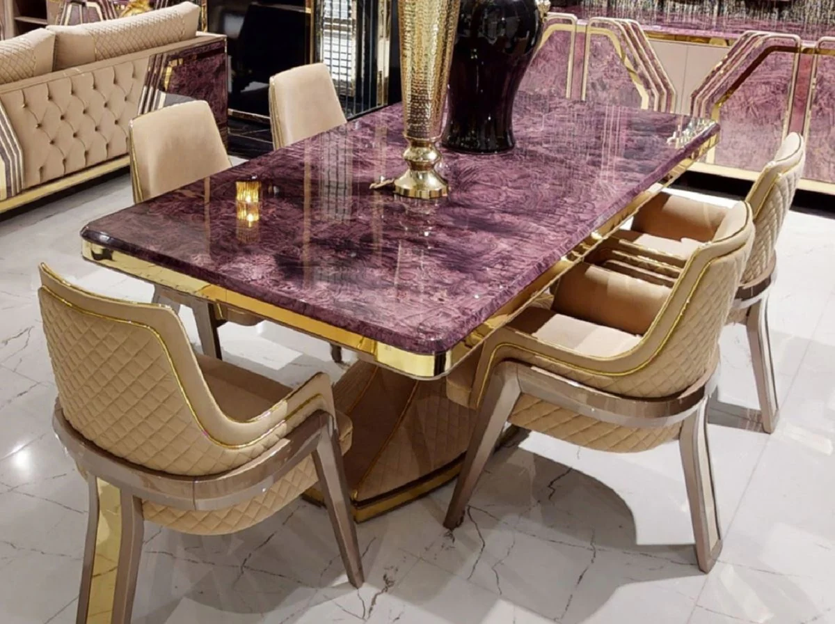 Casa Padrino conjunto de sillas de comedor Art Deco de lujo con reposabrazos beige / gris / oro - Conjunto de sillas de cocina de 6 - Muebles de comedor de lujo - Muebles Art Deco de lujo