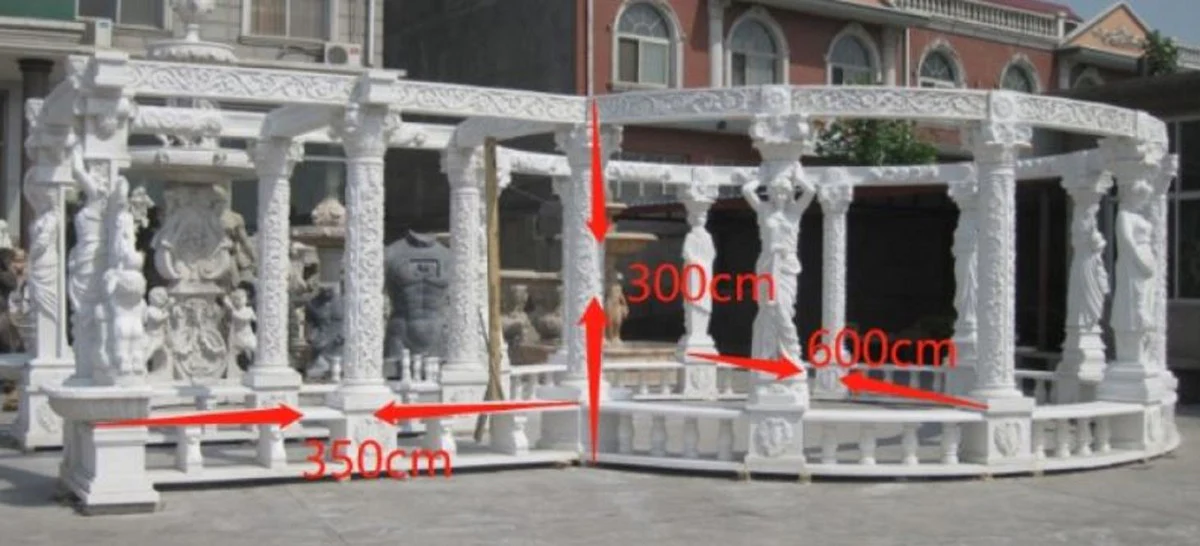 Casa Padrino pabellón de jardín Art Nouveau de lujo blanco 950 x 600 x A. 300 cm - Enorme pabellón de mármol con estatuas nobles y bancos integrados - Magnífica Decoración de Jardín Barroco y Art Nouveau