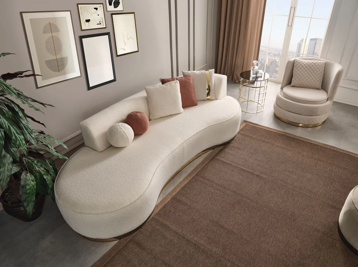 Casa Padrino Conjunto de Sal¨®n de Lujo Crema / Oro - 2 Sof¨¢s de Lujo y 1 Sill¨®n Giratorio de Lujo y 1 Taburete de Lujo - Muebles de Sal¨®n - Muebles de Lujo - Interiores de Lujo