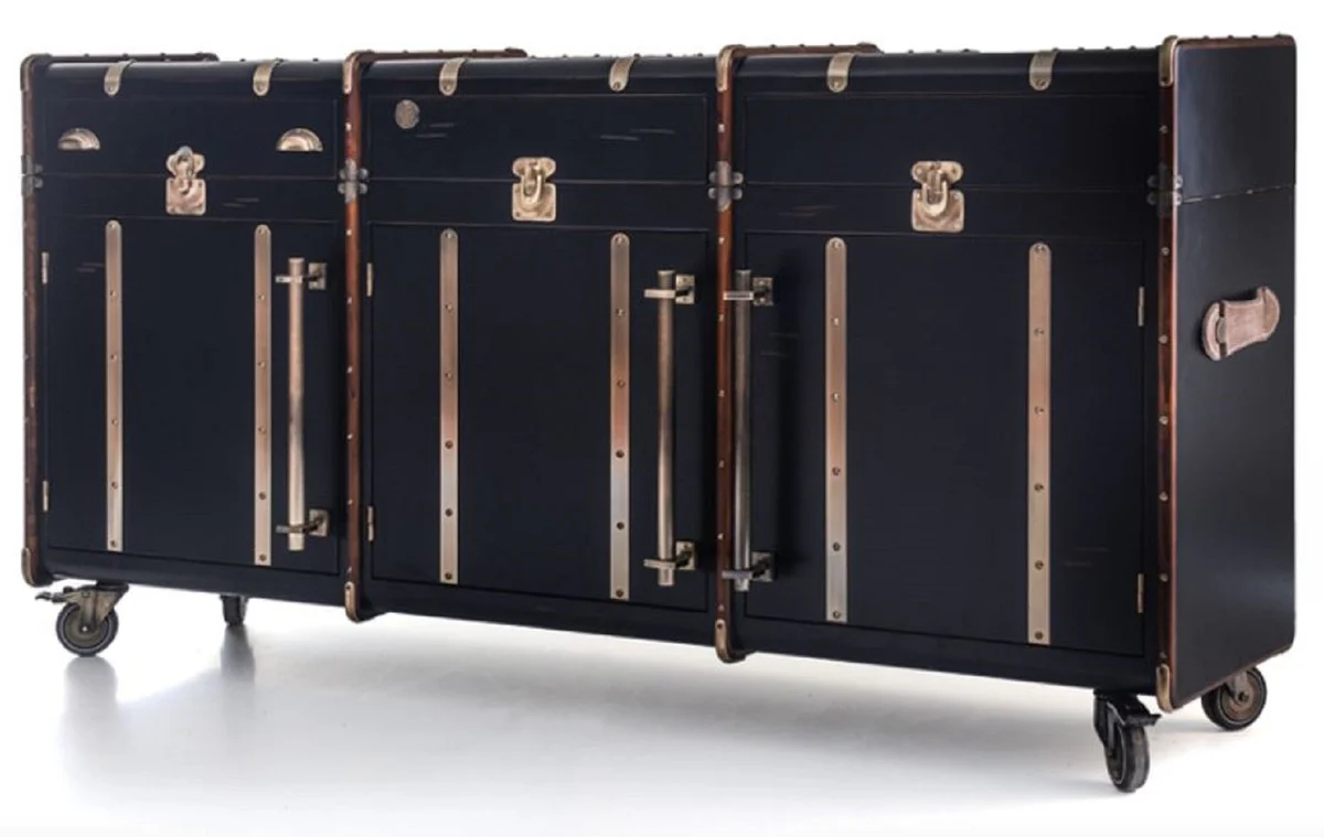Casa Padrino aparador de lujo en óptica de maleta negro / marrón / latón 200 x 48 x A. 101 cm - Armario maleta de madera maciza con ruedas - Armario de oficina - Armario de salón - Muebles de lujo