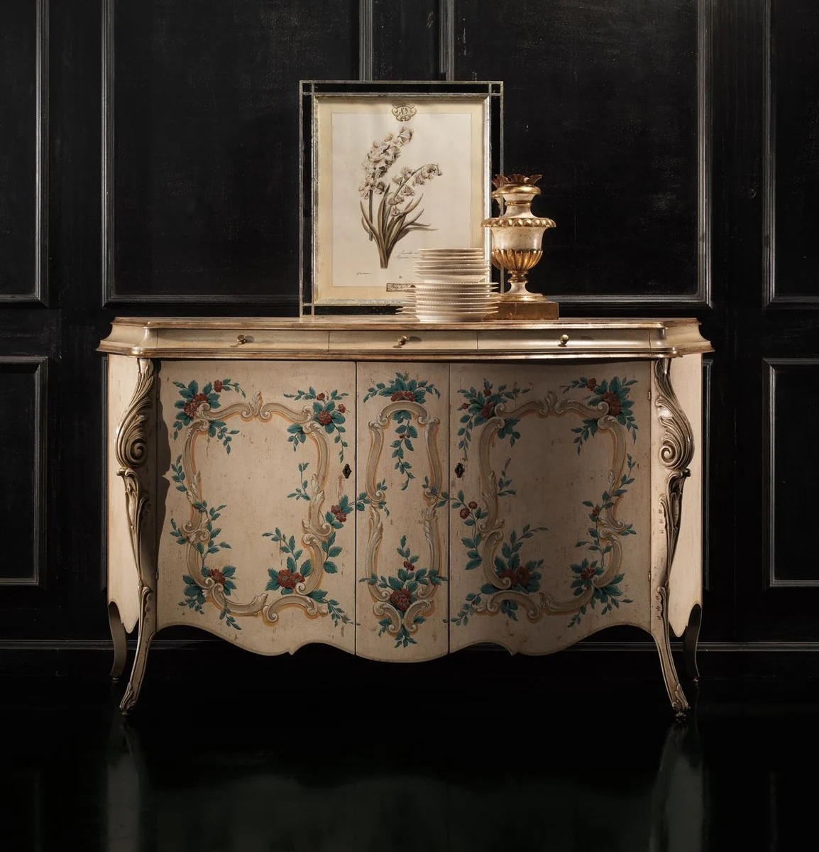 Casa Padrino aparador barroco de lujo beige / multicolor - Armario hecho a mano con 3 cajones y 2 puertas - Muebles de lujo en estilo barroco - Muebles barrocos - Hecho en Italia