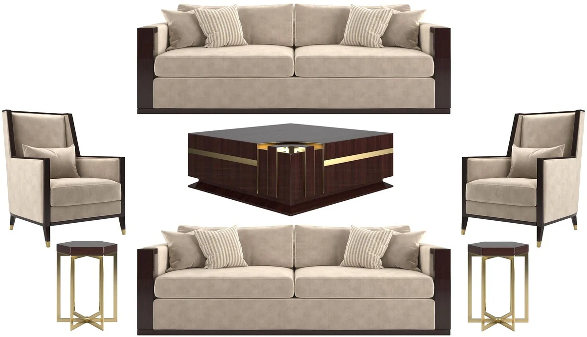 Casa Padrino conjunto de sala de estar Art Deco de lujo beige / marr¨®n oscuro alto brillo / oro - 2 Sof¨¢s y 2 Sillones y 1 Mesa de Centro y 2 Mesas Auxiliares - Muebles de sala noble - Calidad de Lujo