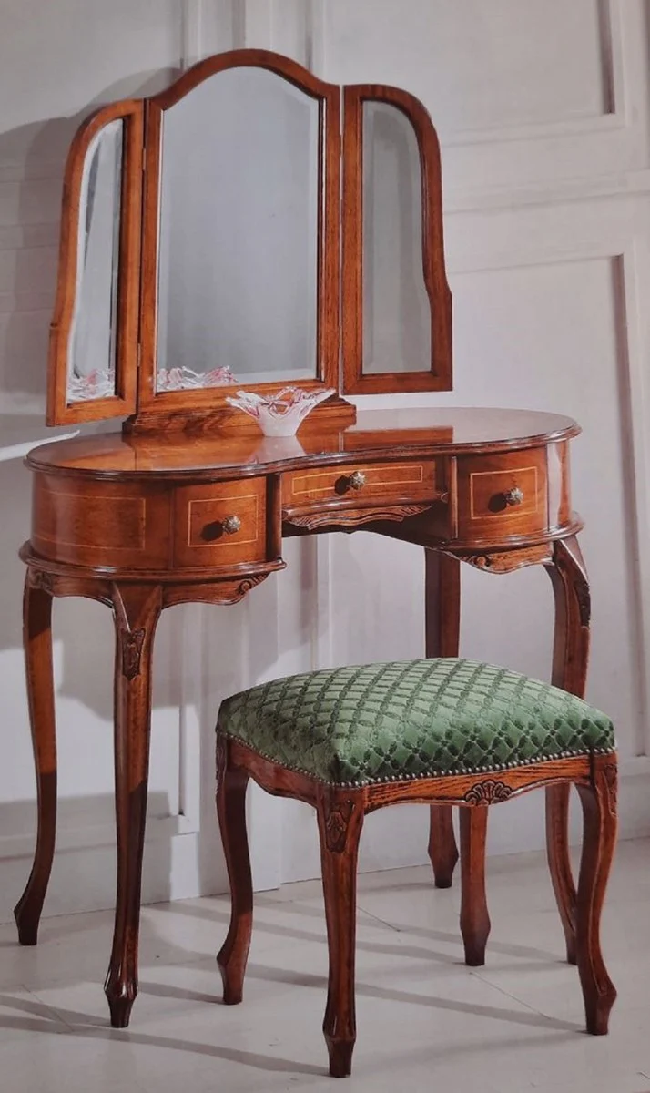 Casa Padrino Conjunto de Dormitorio Barroco de Lujo Verde / Marr¨®n - 1 Tocador Barroco y 1 Espejo de Pared Barroco y 1 Taburete Barroco - Calidad de Lujo - Hecho en Italia