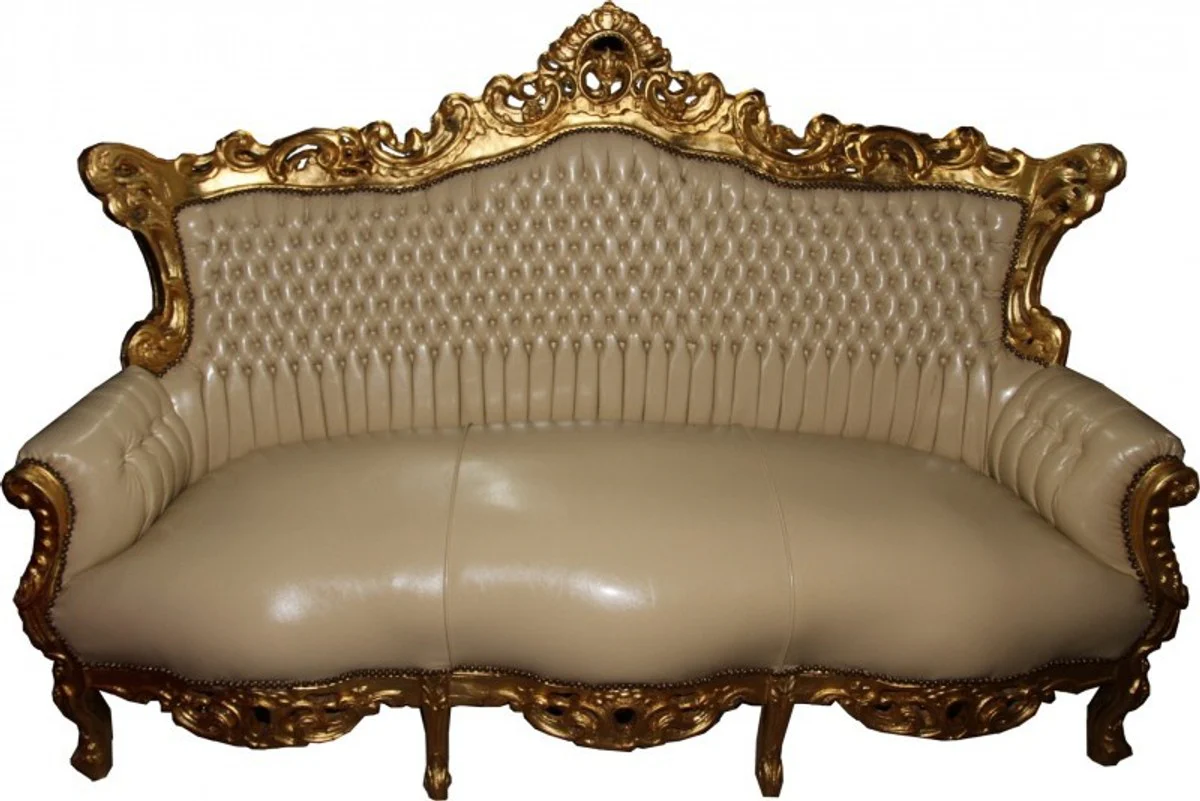 Casa Padrino Baroque master cream 3 seater leather look / Gold - Antique Style Furniture
