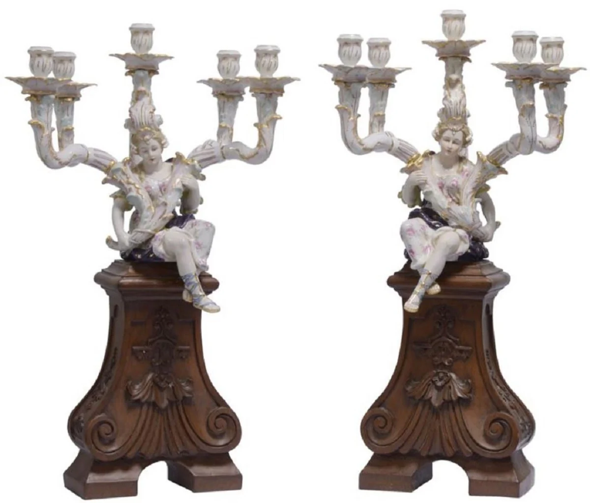 Casa Padrino conjunto de candelabros Art Nouveau blanco / marrón 35 x 26,6 x A. 68,7 cm - Candelabros de Porcelana con Figura Decorativa y Base de Madera