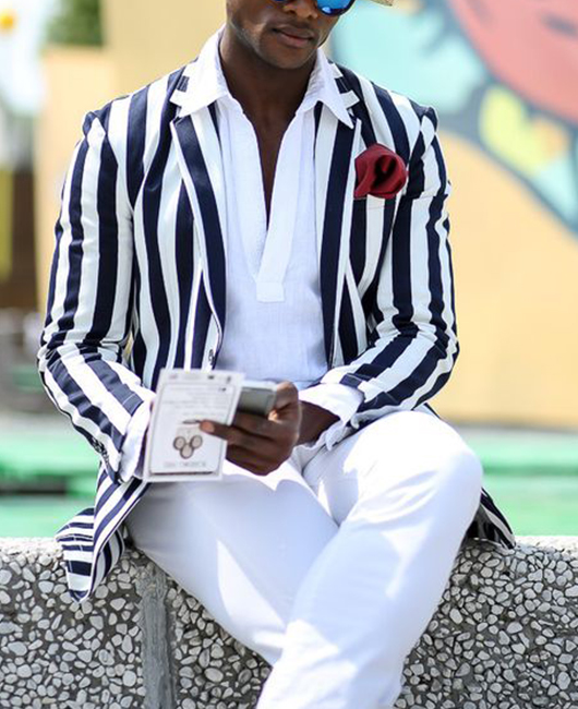 OK Casual Black & White Striped Notch Lapel Slim Fit Blazer