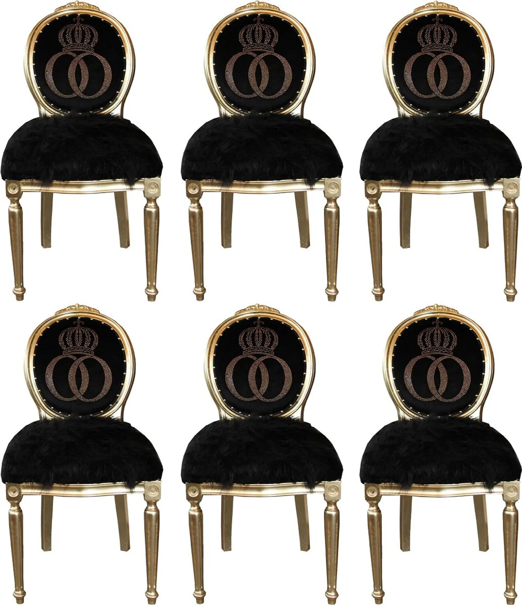 Pomp??s by Casa Padrino Sillas de Comedor Barrocos de Lujo Faux Fur Negro / Oro Corona con Diamantes de Imitaci¨®n 50 x 60 x H. 104 cm - Sillas Barrocos de Pomp??s Dise?adas por Harald Gl??ckler - 6 Sillas de Comedor