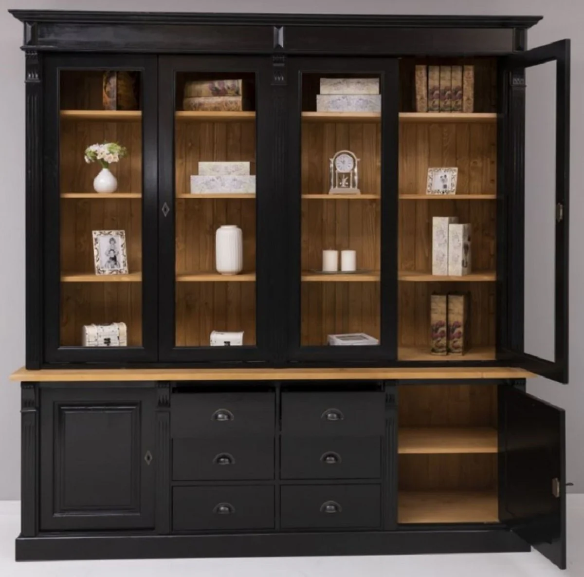 Casa Padrino armario de estilo campestre de madera maciza negro / naturale 223 x 51 x H. 228 cm - Armario de Libros - Armario Estante - Mueble de estilo campestre de madera maciza