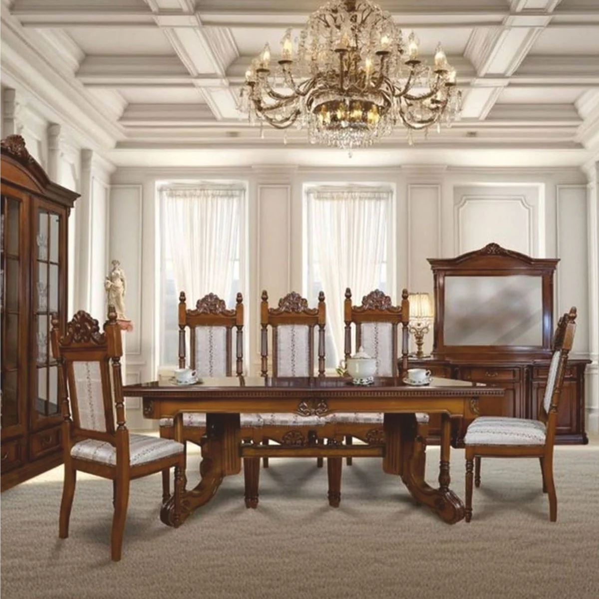 Casa Padrino Conjunto de Comedor Barroco de Lujo Marr¨®n / Plata - 1 Mesa Extensible y 8 Sillas