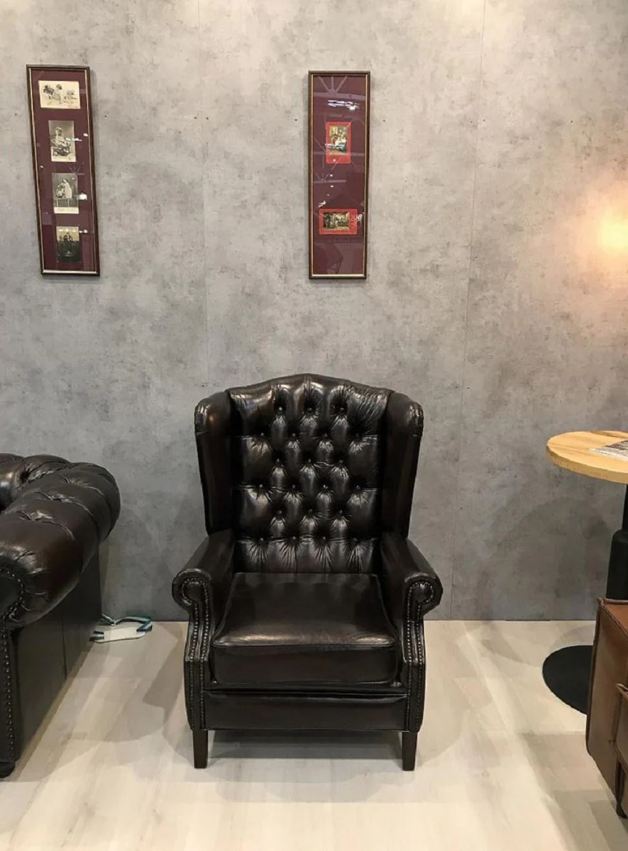 Casa Padrino sill¨®n orejero Chesterfield de lujo en cuero negro - Sill¨®n Chesterfield en cuero genuino - Muebles de sal¨®n - Muebles Chesterfield - Muebles cuero genuino - Muebles de lujo