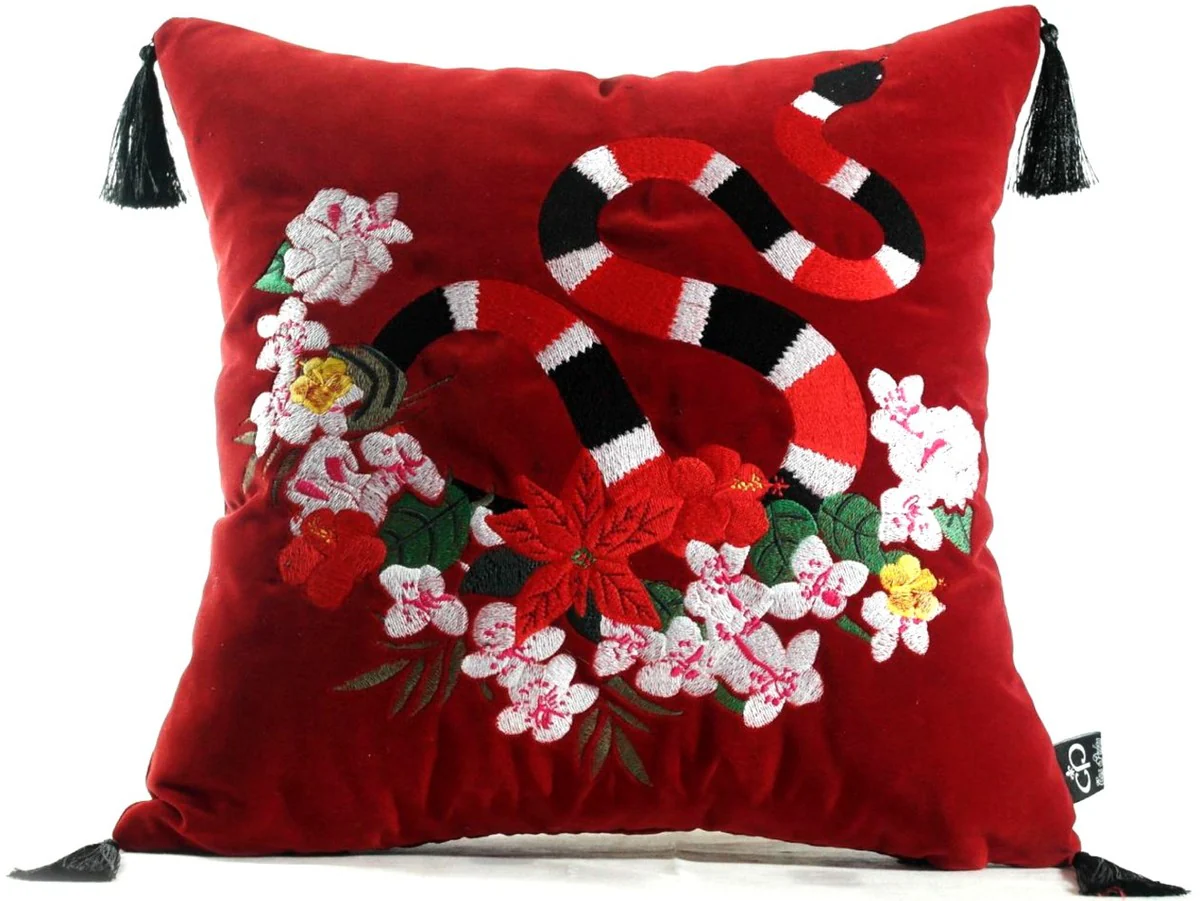 Casa Padrino almohada de lujo con borlas serpiente rojo / multicolor 45 x 45 cm - Tejido de Terciopelo Más Fino - Calidad de Lujo