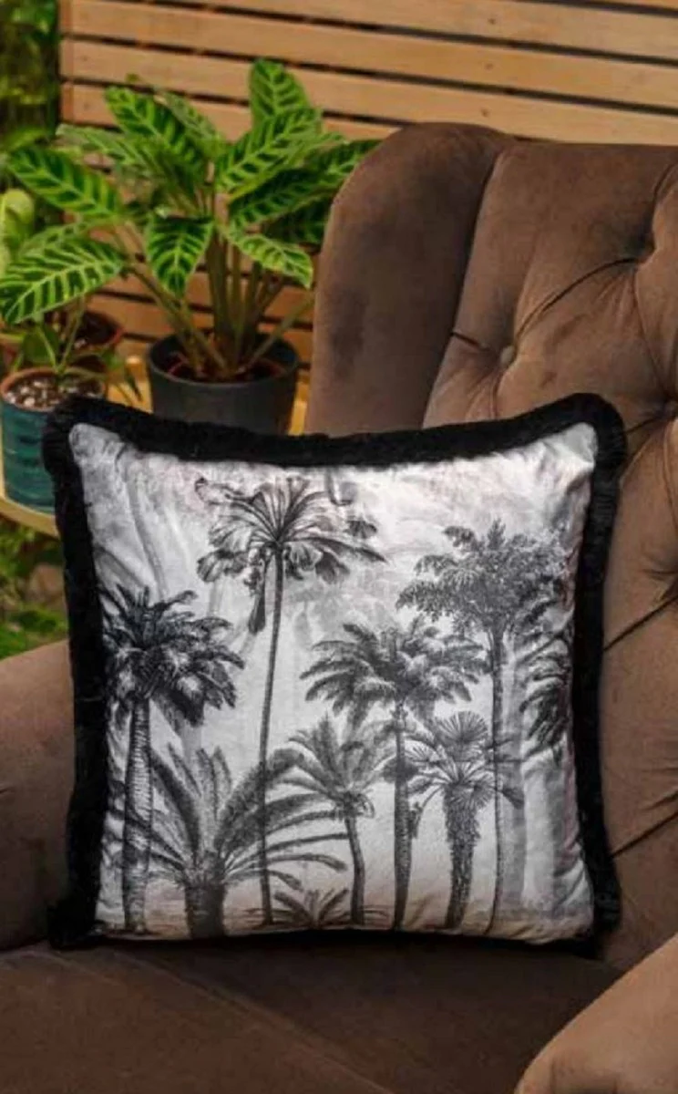 Casa Padrino almohada decorativa de lujo diseño palmeras gris / negro 45 x 45 cm - Almohada de terciopelo estampada con flecos - Accesorios Decorativos