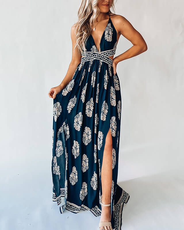 Women's Backless Sexy Slit Print Dress