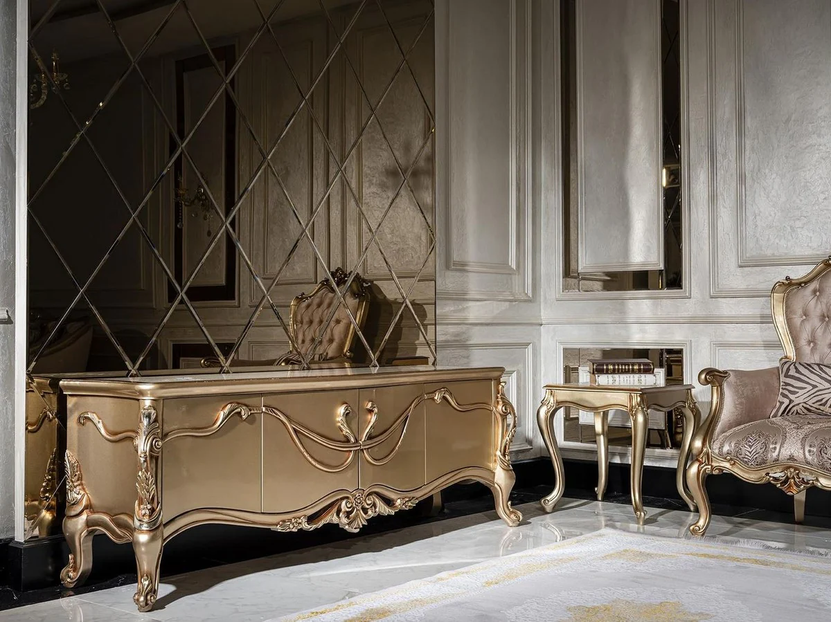 Casa Padrino armario de TV barroco de lujo white / gold - Magnífico aparador de salón con 4 puertas - Muebles de salón barrocos