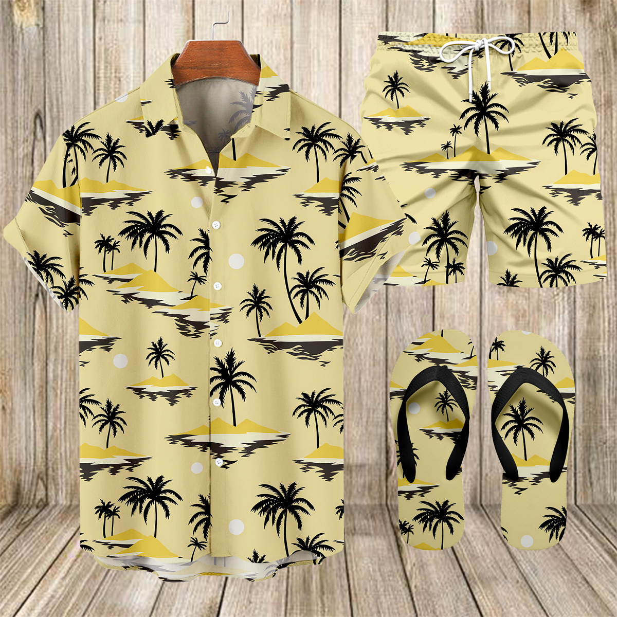 Suitmens Men's Tiki Party Hawaiian Vacation Print Three-Piece Set 017