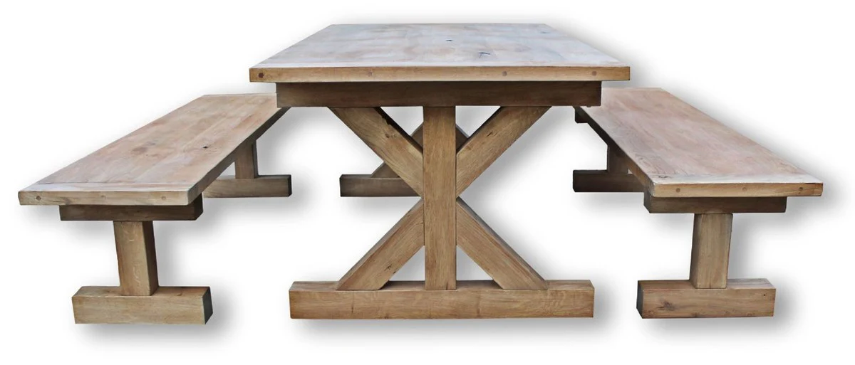 Casa Padrino conjunto de comedor de madera maciza natural - Mesa de Comedor de Madera de Roble con 2 Bancos - Muebles de comedor - Muebles de restaurante - Muebles r¨²sticos de roble