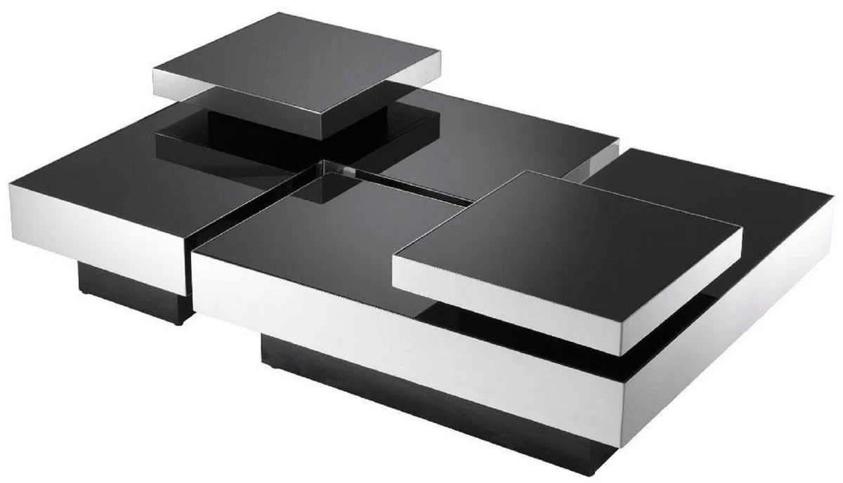 Casa Padrino conjunto de mesa de centro de lujo plata / negro - 2 Mesas de sal¨®n en forma de L con 2 bandejas cuadradas - Muebles de sal¨®n - Colecci¨®n de Lujo