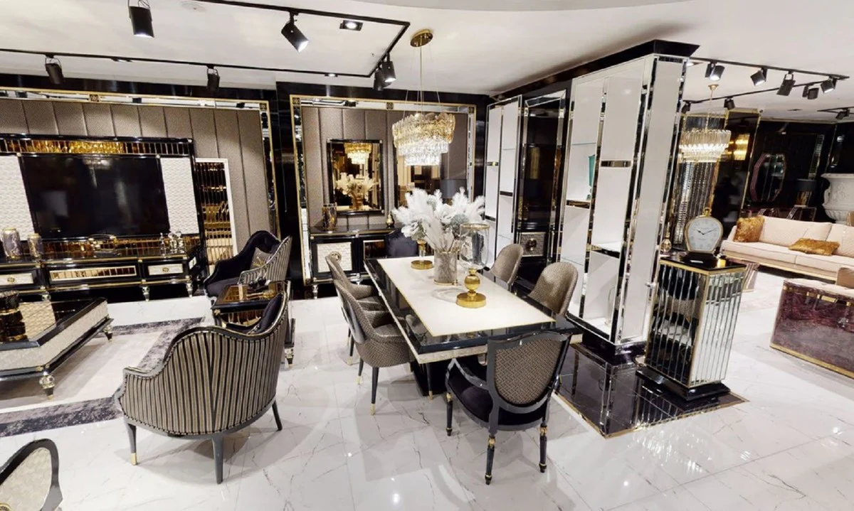 Casa Padrino conjunto de TV Art Deco de lujo negro / blanco / oro - Magn¨ªfico aparador de sal¨®n con pared trasera de TV - Muebles de Sal¨®n Art Deco - Colecci¨®n de Lujo