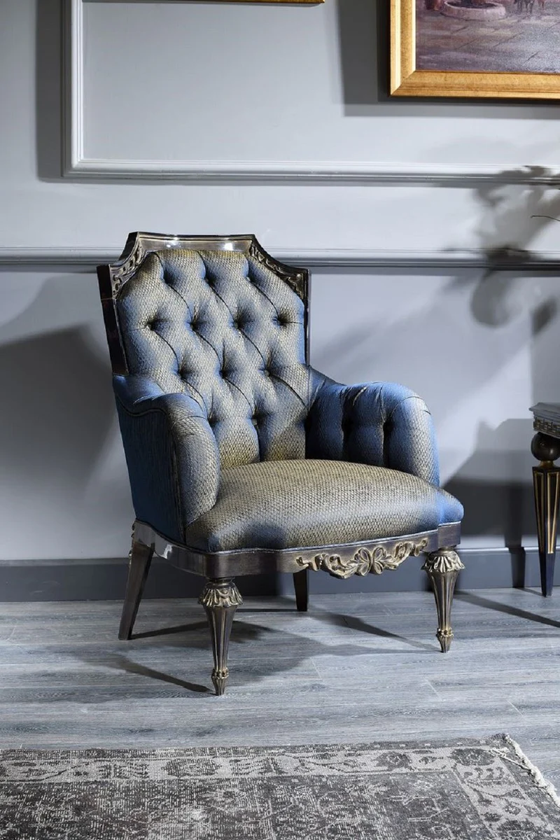 Casa Padrino conjunto de sala de estar barroco de lujo azul / oro - 2 Sof¨¢s y 2 Sillones y 1 Mesa de Centro y 2 Mesa Auxiliares - Muebles Barrocos Adornados - Calidad de Lujo