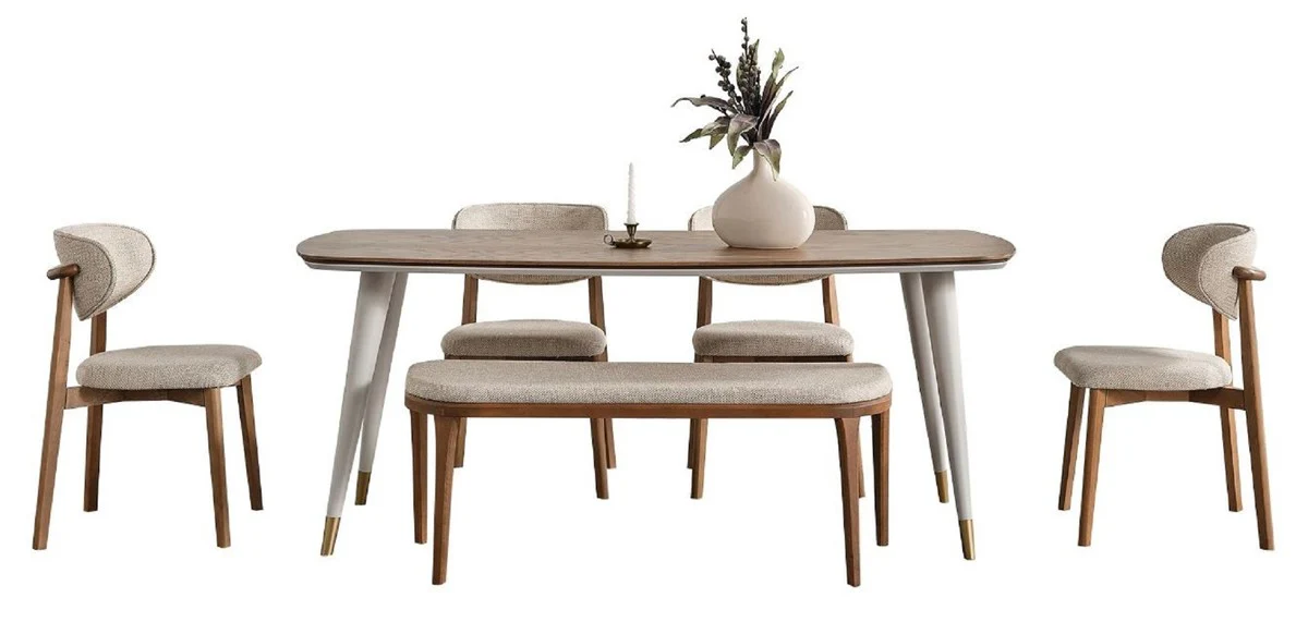 Casa Padrino Conjunto de Comedor de Lujo Gris / Marr¨®n - 1 Mesa de Comedor de Lujo y 4 Sillas de Comedor de Lujo y 1 Banco de Lujo - Muebles de Comedor - Muebles de Lujo - Interiores de Lujo