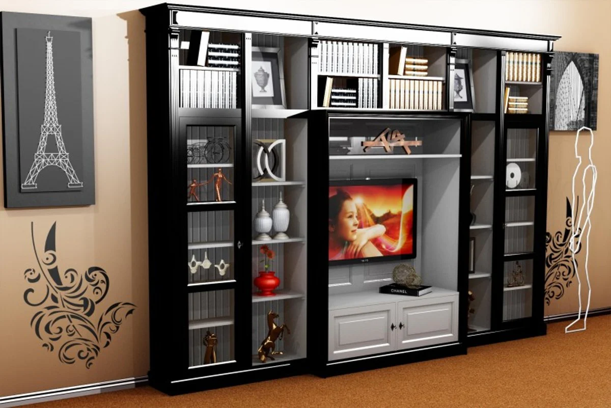 Casa Padrino luxury living room wall unit Black / White B 372 x H 255 cm bookcase shelving cabinet television TV - Art Deco Art Nouveau hotel furniture