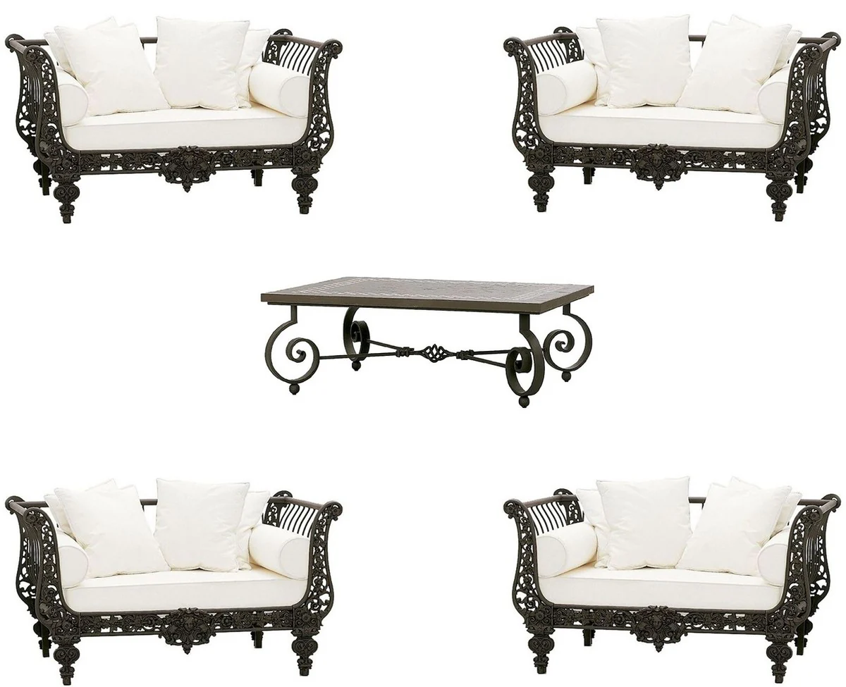 Casa Padrino Conjunto de Muebles de Hierro Forjado Barroco de Lujo Marr¨®n Oscuro / Blanco - 4 Sillones & 1 Mesa de Centro - Muebles de Sal¨®n - Muebles Jard¨ªn - Muebles Barrocos de Lujo