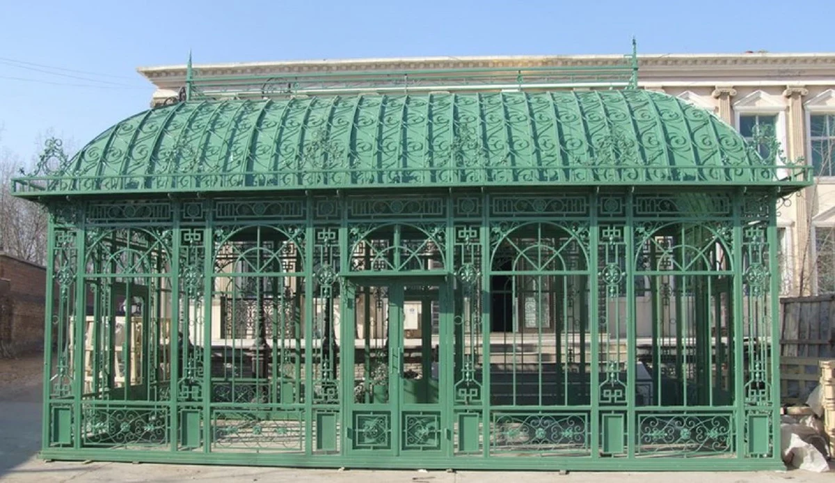 Casa Padrino casa de jardín Art Nouveau de lujo verde 856 x 456 x A. 516 cm - Pabellón de jardín de hierro forjado - Invernadero - Noble & Magnífica