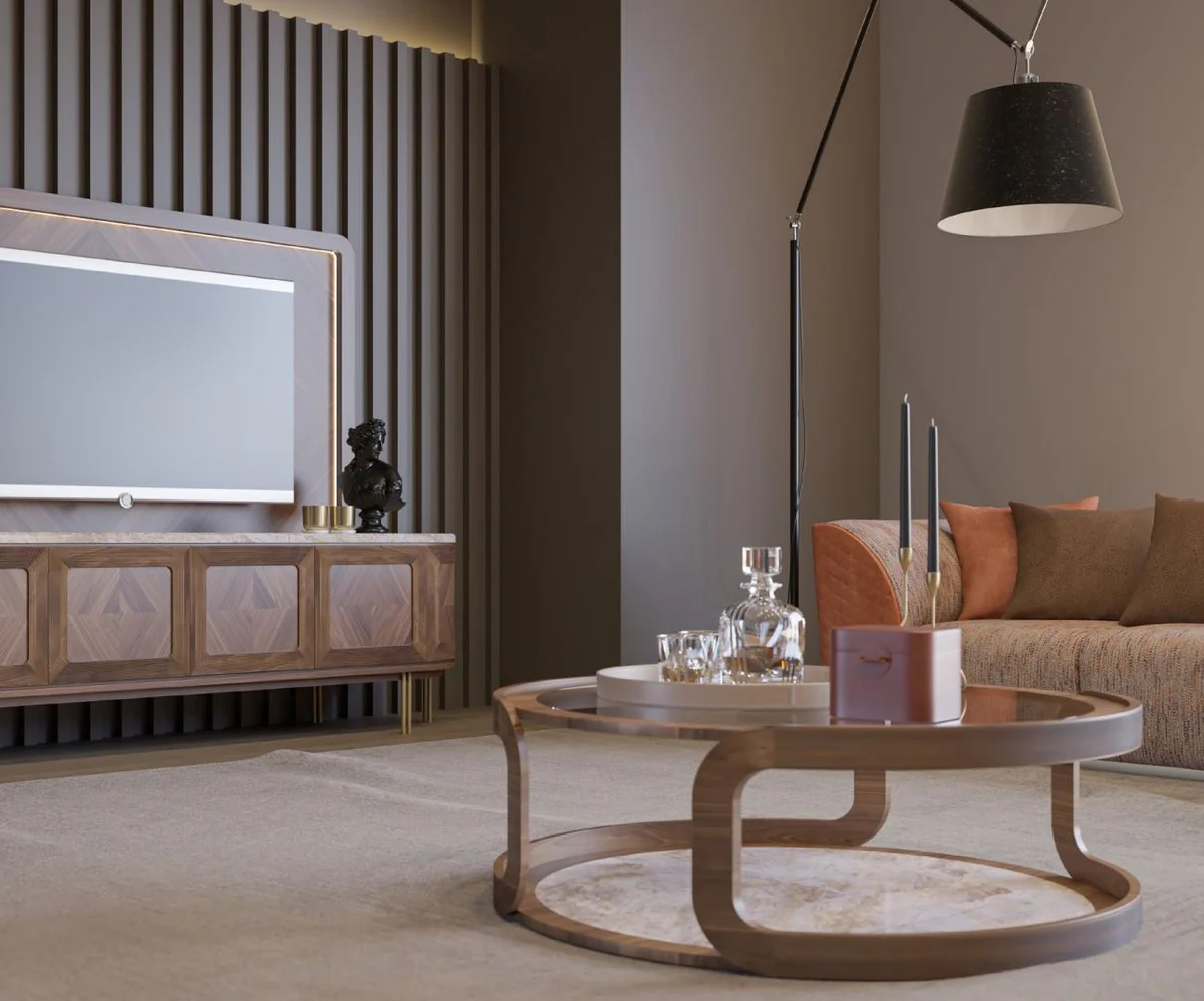 Casa Padrino mesa de centro de lujo marr¨®n / beige ? 120 x A. 40 cm - Mesa de sal¨®n redonda de madera maciza con tapa de vidrio y tapa de m¨¢rmol - Muebles de sal¨®n - Muebles de lujo