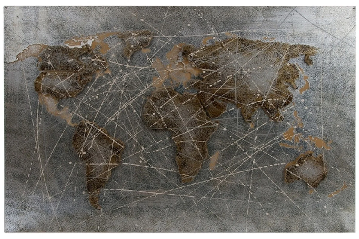 Casa Padrino mapa del mundo de la pintura al óleo de metal de lujo multicolor 120 x 5 x H. 80 cm - Pintura al óleo con efecto 3D