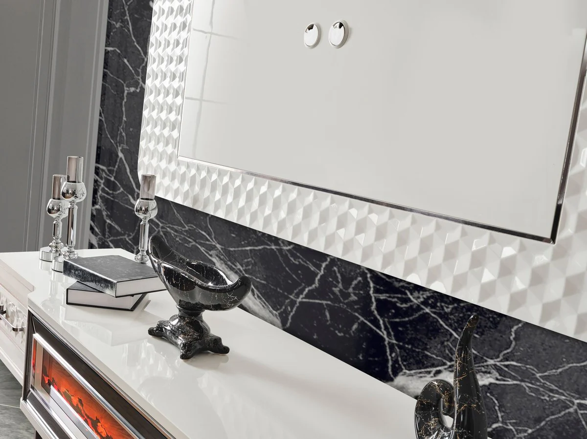 Casa Padrino conjunto de mueble de TV Art Deco de lujo blanco / bronce - Aparador de sala de estar con chimenea el¨¦ctrica LED y pared trasera de TV - Muebles Art Deco - Muebles de sala de lujo