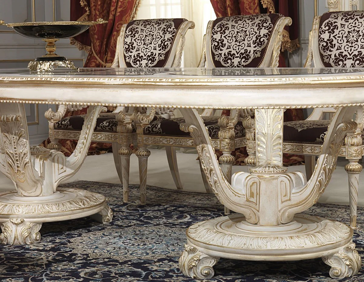 Casa Padrino mesa de comedor barroco de lujo blanco / oro - Varios Tama?os - Magn¨ªfica mesa de comedor de madera maciza con tapas de vidrio - Muebles de castillo de restaurante de hotel - Calidad de Lujo