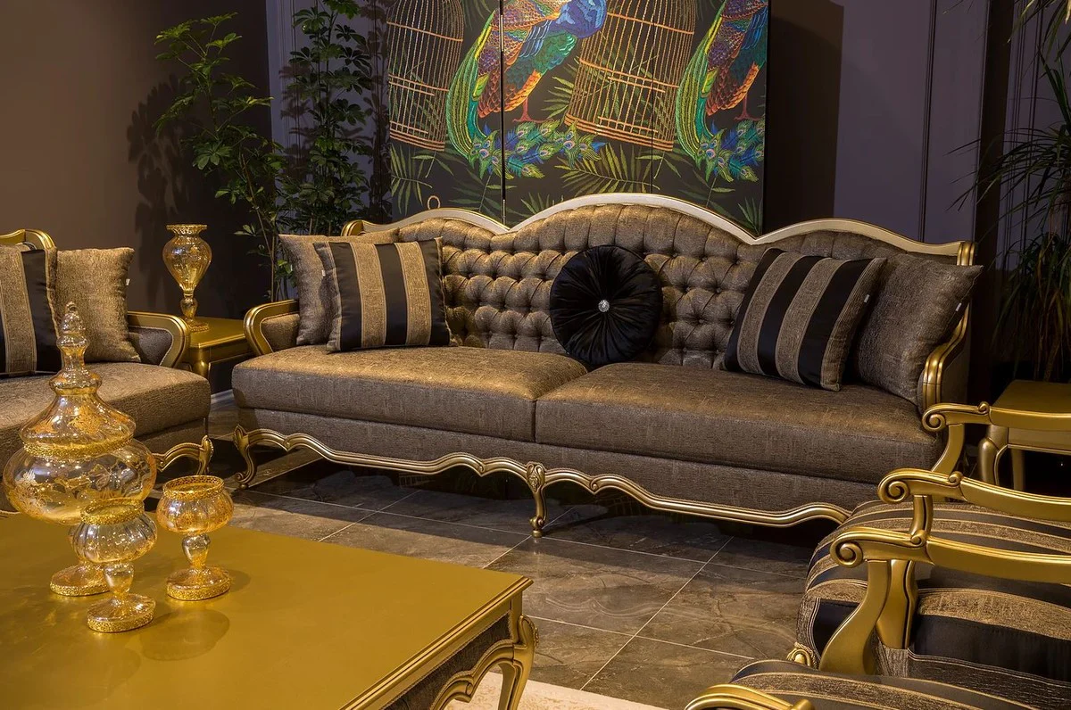 Casa Padrino sof¨¢ barroco de lujo gris / oro 243 x 78 x A. 105 cm - Noble sof¨¢ de sal¨®n con cojines decorativos - Muebles de sal¨®n barrocos