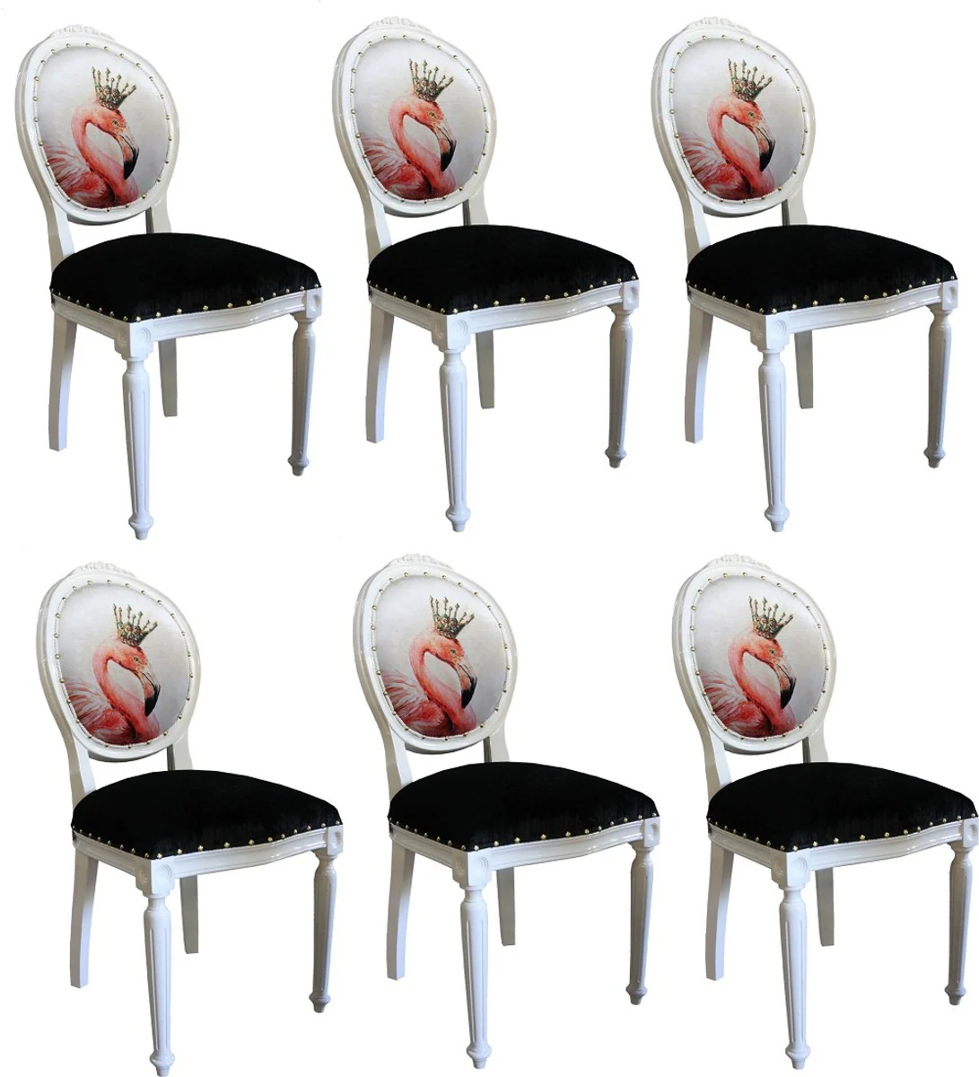 Casa Padrino Conjunto de Sillas de Comedor Barroco de Lujo Flamenco con Corona Blanco / Negro / Multicolor 48 x 50 x H. 98 cm - 6 Sillas de Comedor Hechas a Mano con Diamantes de Imitaci¨®n - Muebles de Comedor Barrocos