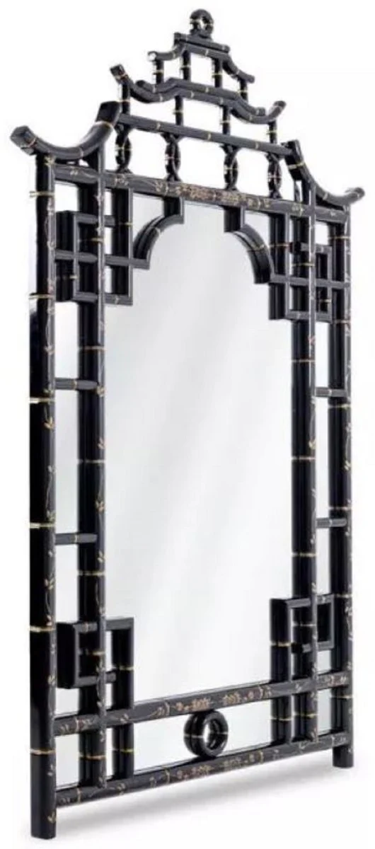 Casa Padrino espejo de lujo negro / oro 110 x 5 x A. 170 cm - Magn¨ªfico espejo de pared asi¨¢tico de caoba - Muebles de lujo en estilo asi¨¢tico - Colecci¨®n de lujo