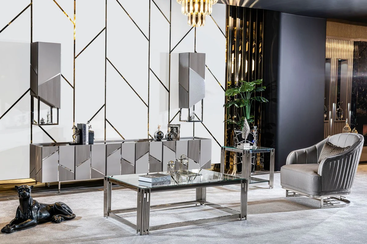 Casa Padrino conjunto de mueble de TV de lujo gris / plata - 1 Armario de TV de Lujo y 2 Armarios de Pared de Lujo - Muebles de sal¨®n - Muebles de TV - Muebles de hotel - Muebles de lujo