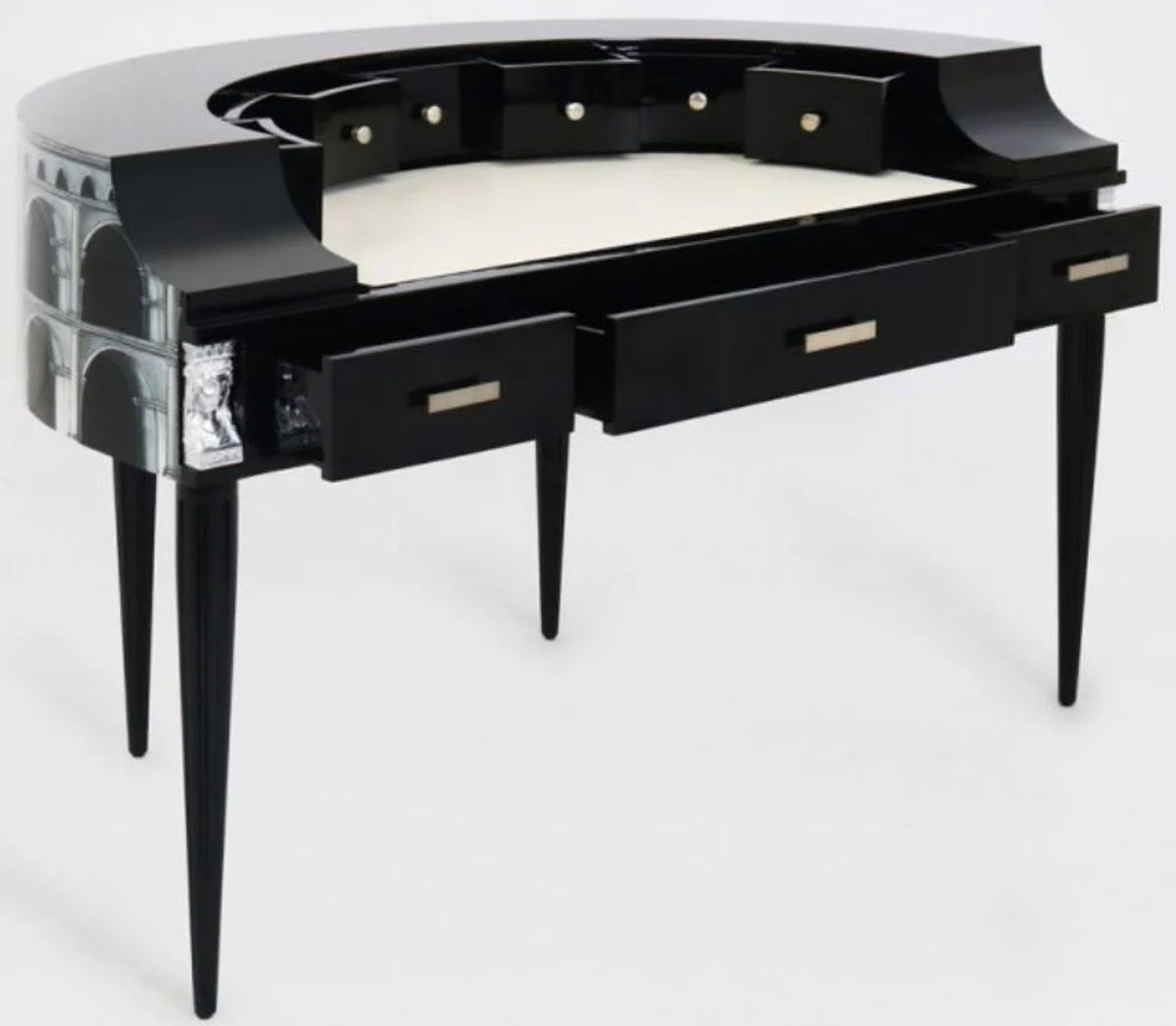 Casa Padrino escritorio Art Nouveau de lujo de caoba con 10 cajones negro / plata / gris / blanco 144 x 79 x A. 91 cm - Mesa de oficina semicircular - Muebles de oficina - Calidad de Lujo