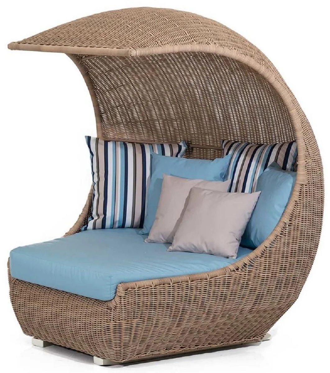 Casa Padrino isla tumbona de lujo con toldo marrón / azul claro 156 x 146 x A. 174 cm - Isla de sol tejida a mano resistente a la intemperie - Muebles de jardín modernos - Muebles de hotel