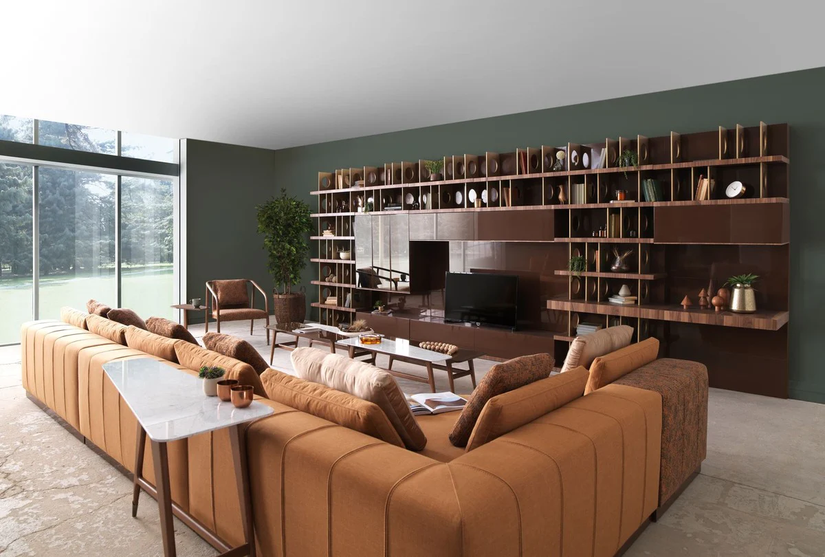 Casa Padrino armario de TV de lujo marr¨®n oscuro / marr¨®n / lat¨®n 576 x 60 x A. 224 cm - Armario de sal¨®n enorme de madera maciza - Muebles de sal¨®n - Muebles de hotel - Muebles de lujo