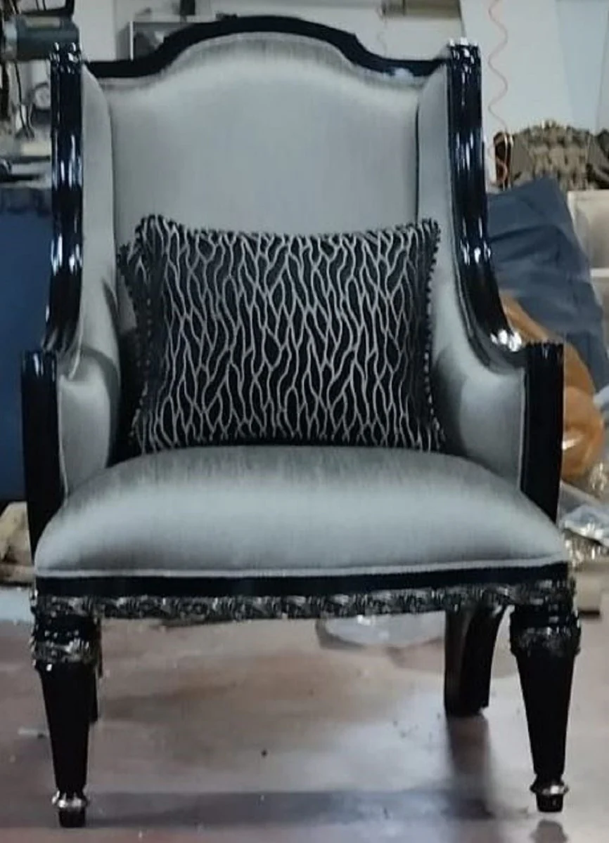 Casa Padrino sill¨®n barroco de lujo plata / negro - Magn¨ªfico sill¨®n de sal¨®n - Muebles de sal¨®n de estilo barroco - Muebles de lujo de estilo barroco - Mobiliario barroco - Noble y Magn¨ªfico